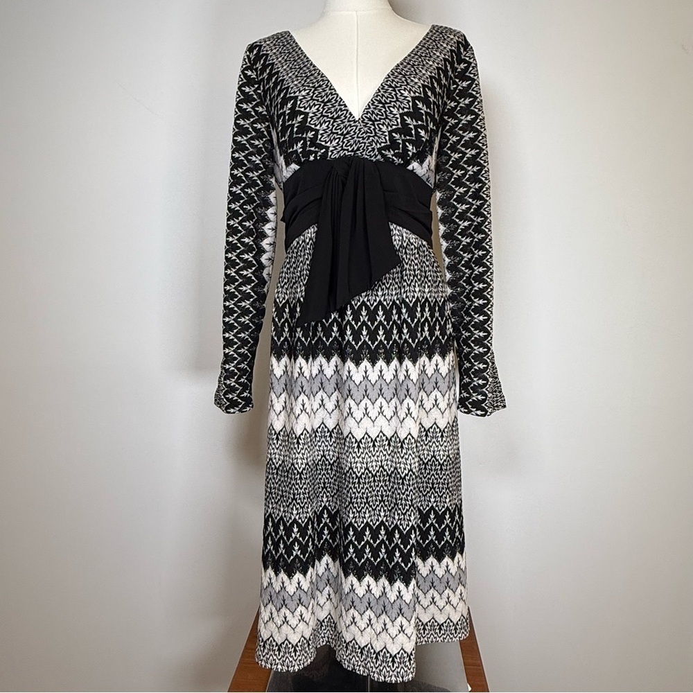 Adrianna Papell Black Gray Metallic Knit V-Neck Long Sleeve Dress Womens Size 12